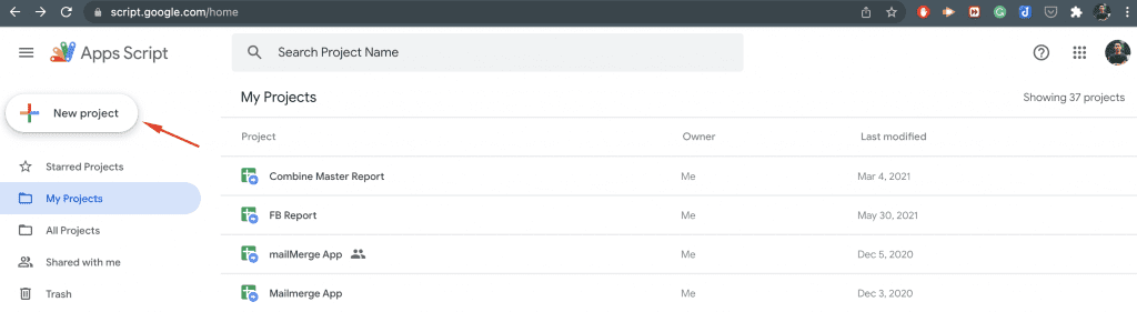 google apps script new project