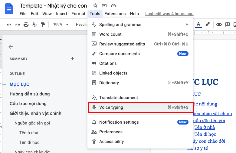 google docs use voice typing